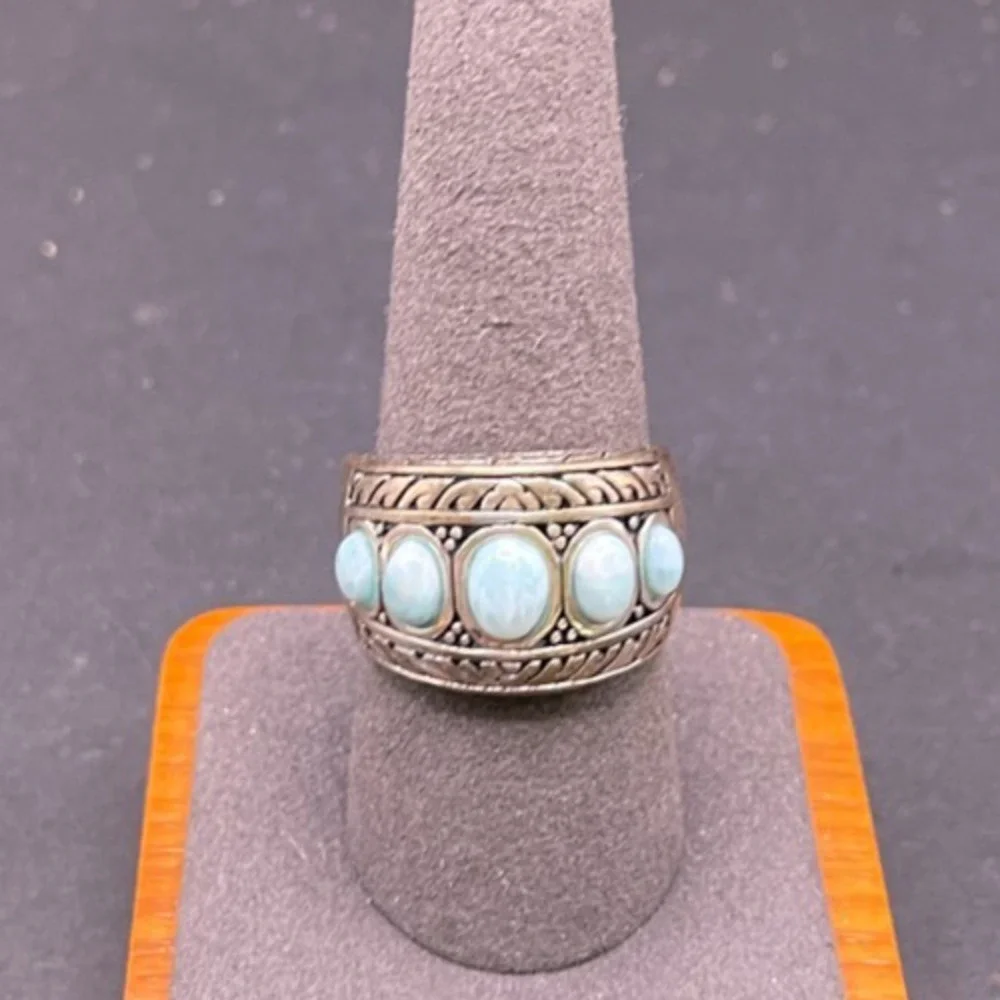 Vintage Sterling Silver 925 Larimar Ring NK Thailand 5 Stone Cabochon Size 9.5